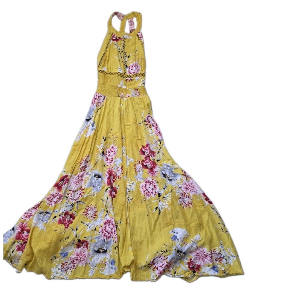 Jaase Yellow Pink Floral Halter Maxi Dress Boho High Slit Open Back Tie Sz M EUC
